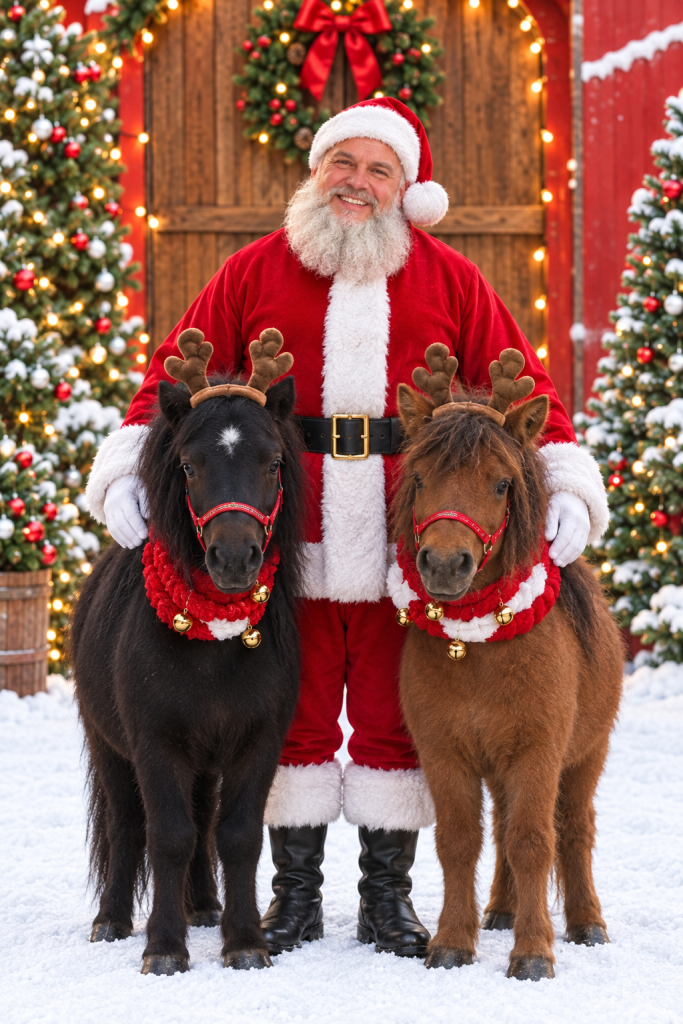 Santa with Oreo and Cocoa wearing reindeer antlers