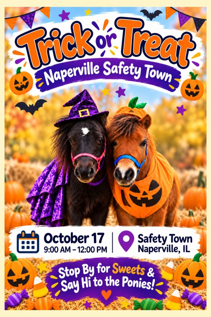 Flyer for Trick-or-Treat at Safety Town on Saturday, October 17, hosted by the Naperville Junior Woman's Club